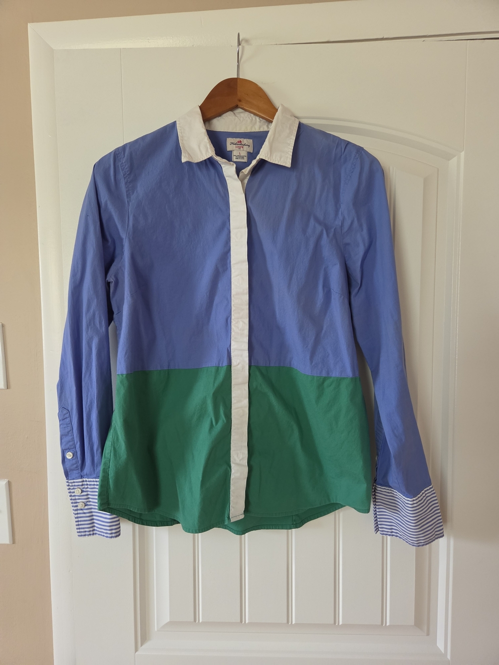 Colorblock Cotton Button-Up Poplin Shirt - Blue & Green